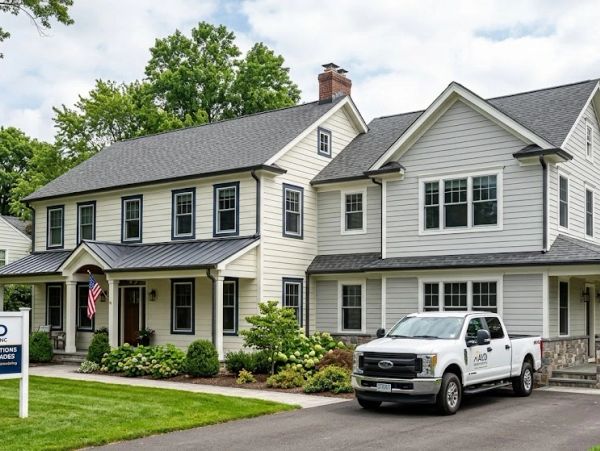 White two-story house with a pickup truck parked outside.