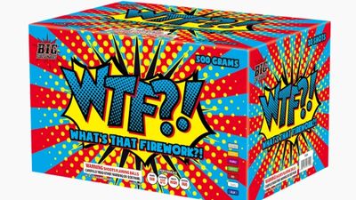 Colorful fireworks box labeled WTF?! with comic-style design.