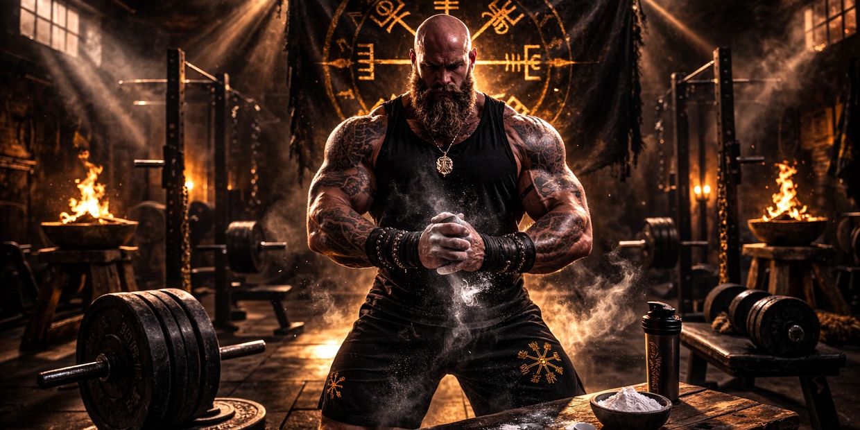 Muscular man chalking hands in a fiery, symbol-filled gym.