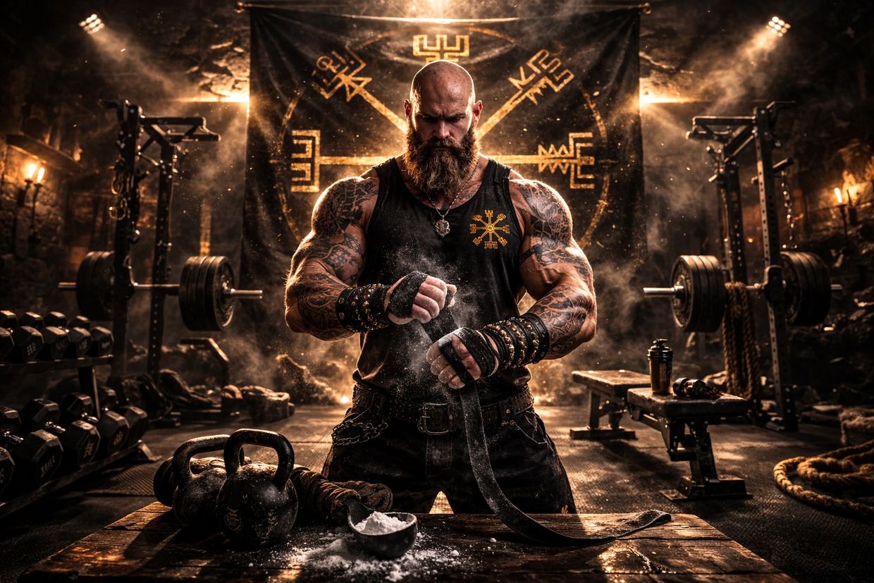 Muscular man with tattoos prepares for intense workout in dramatic gym setting.