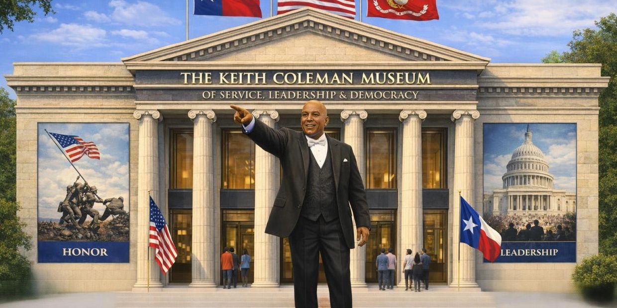 Man gestures in front of the Keith Coleman Museum with flags flying.