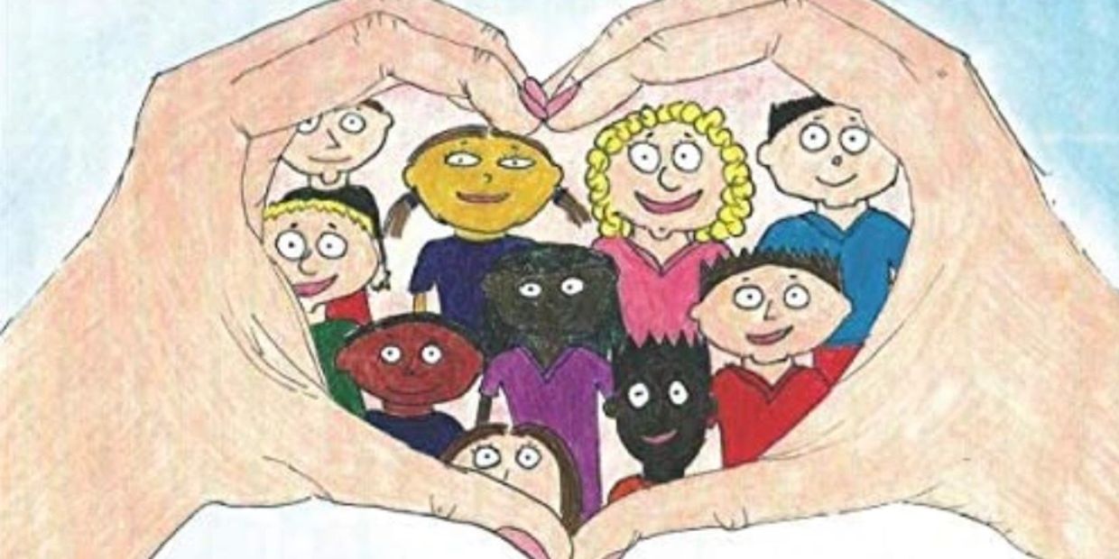 Kindness Kids Adventures Book cover image. Many people surrounded by 2 hands in  the shape of a hear