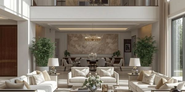 Luxurious, spacious living room with elegant furniture and natural lighting.