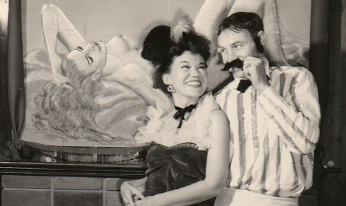 Pamela Mason (R) and H.L. Mason (L) attending a gay 90s party, Long Beach, CA (1940)