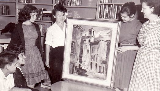 Pamela Mason donating one of her pieces to a local school, Brea, CA (1941)