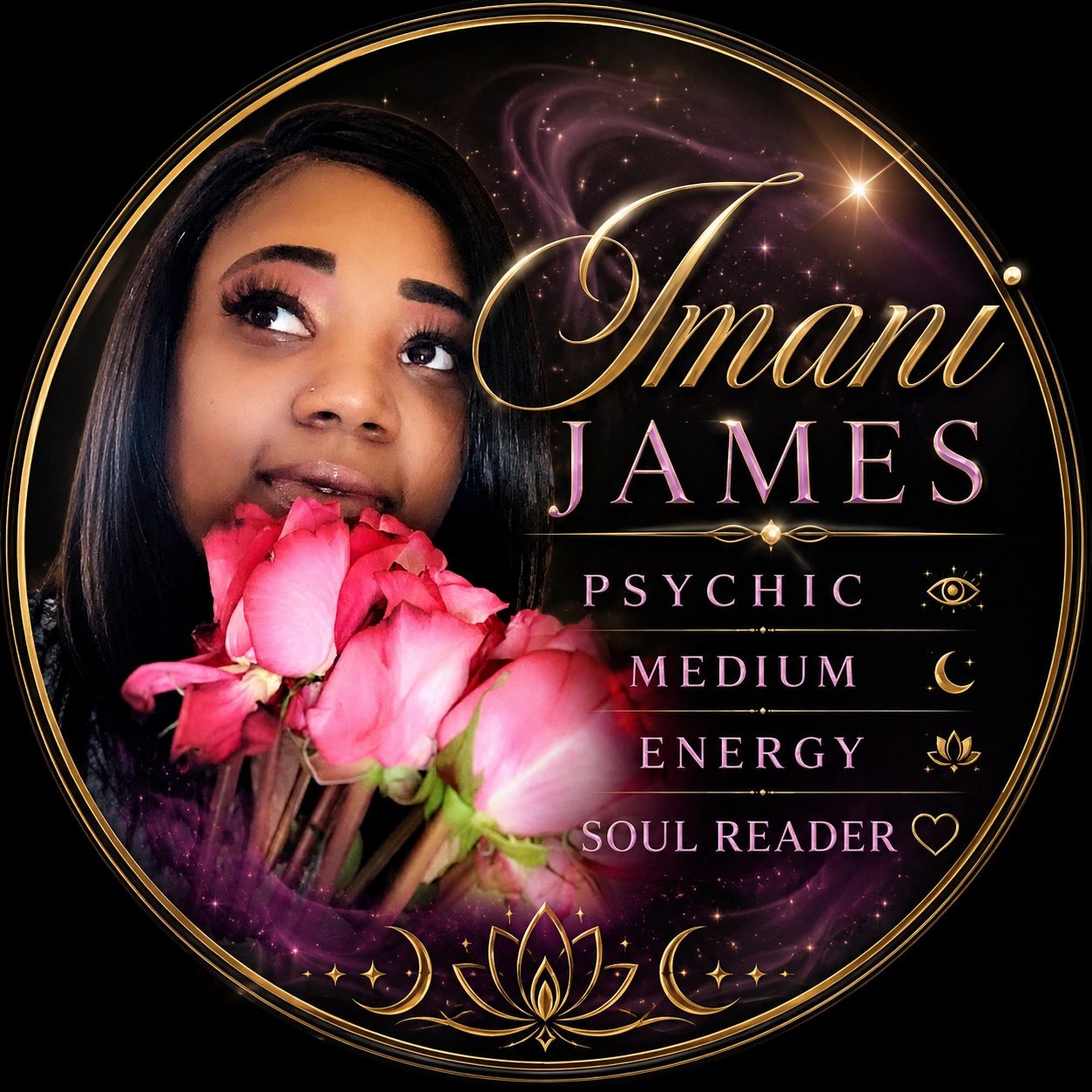 Portrait of Imani James with roses, promoting psychic services.