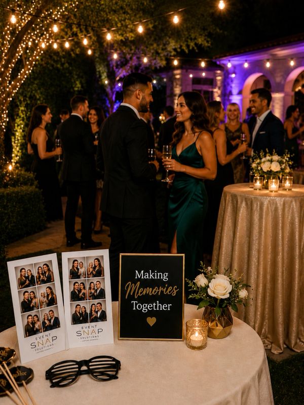 Elegant outdoor party with guests mingling under string lights and photo booth memories.