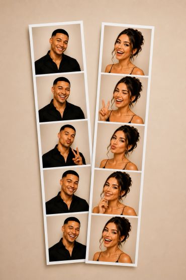 Photo booth strips of a happy couple making various expressions.