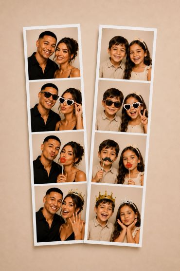 Two photobooth strips with a couple and two kids making playful poses.