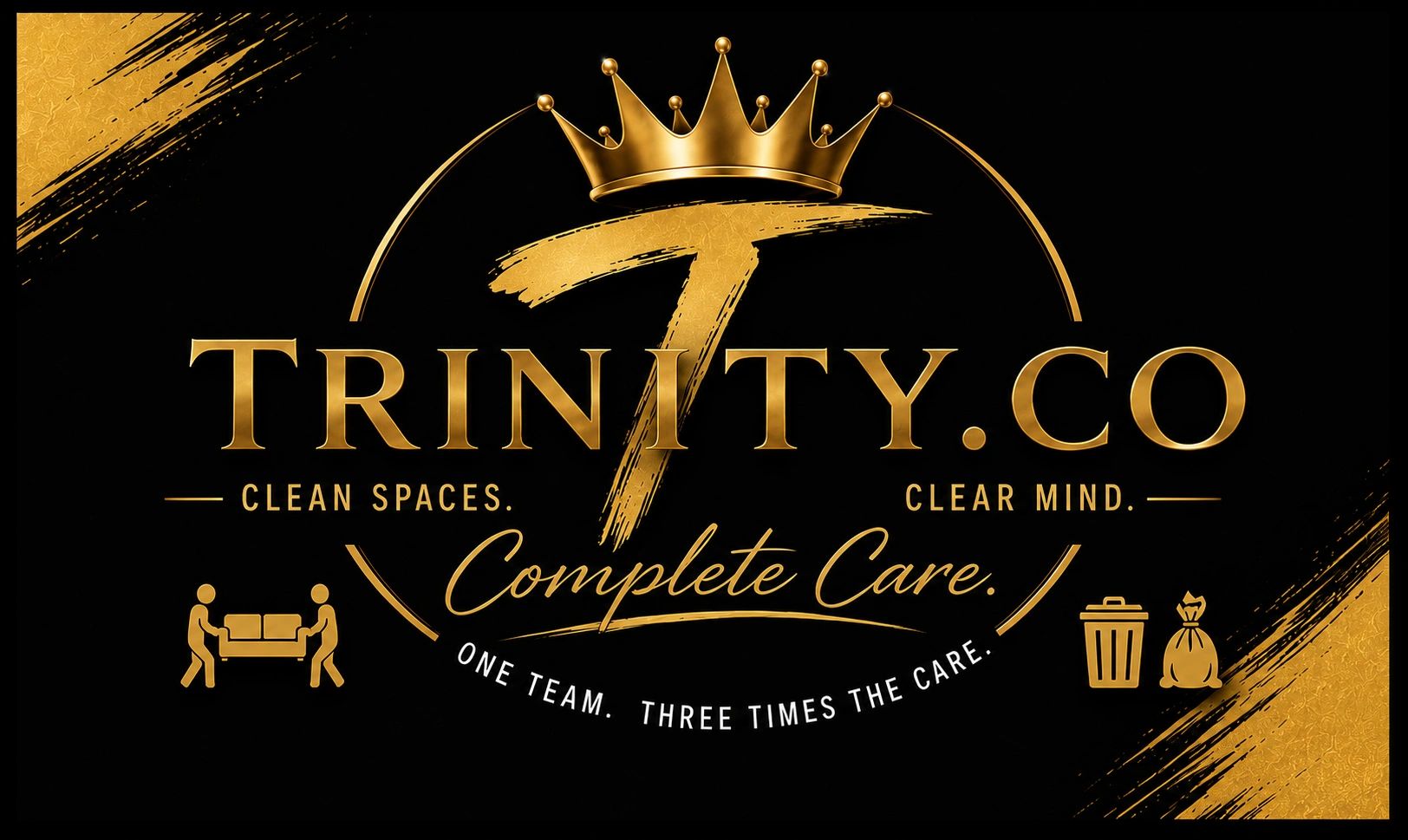 Trinity.co logo with a golden crown and care icons.