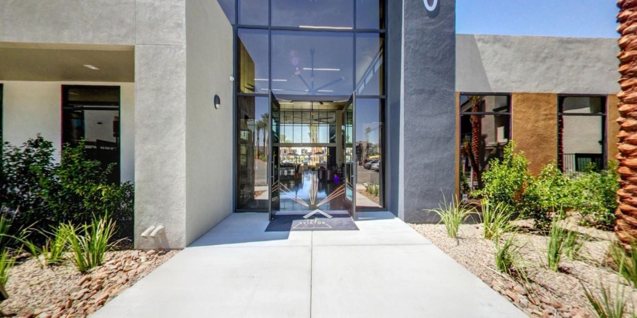 Modern building entrance glass facade