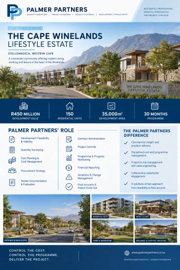 Promotional flyer for The Cape Winelands Lifestyle Estate by Palmer Partners.