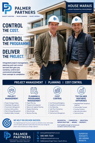 Two men in hard hats promoting Palmer Partners' project management and cost control services.