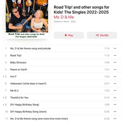 Album cover for kids' music by Ms. D &amp; Me with song list.