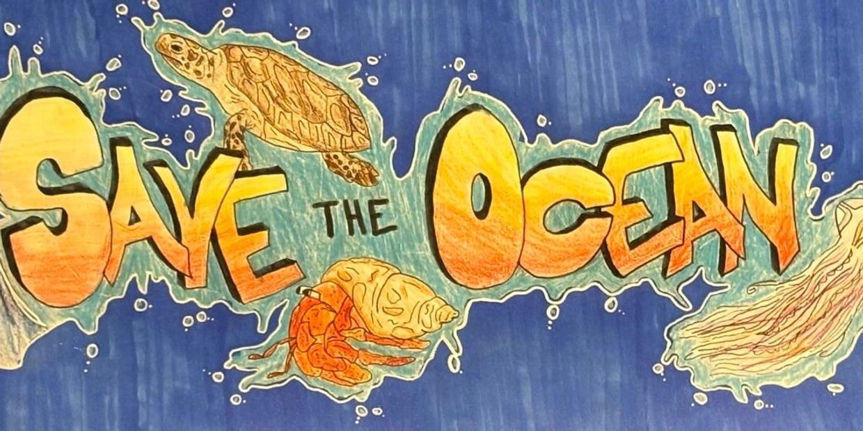 Colorful drawing urging to save the ocean with marine animals.