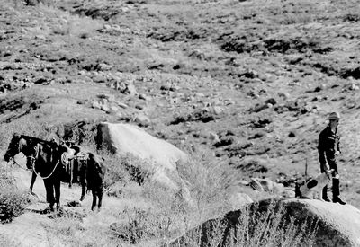 Ed Vance along with two of his hunting hounds on the Kern River in Tulare County, California. This was long before the Mountain Lion was placed on the list of  protected animals.