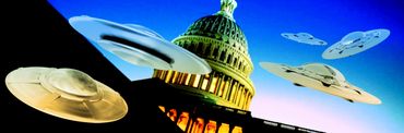 The Washington D.C. capitol building surrounded by flying saucers.