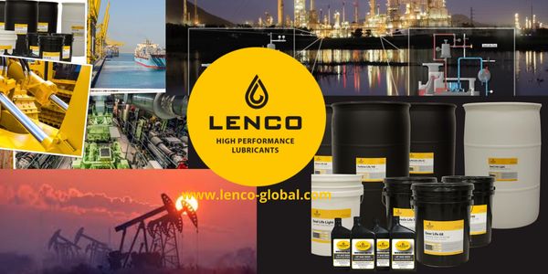Lenco High Performance Lubricants with industrial and oil rig background.