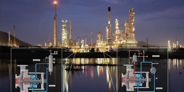 Oil refinery at night with engineering diagrams overlaid.