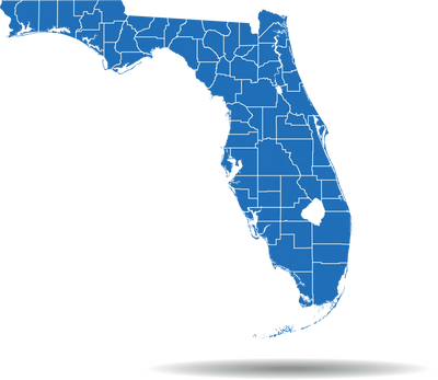 An image of the State of Florida (in blue) with County designations outlined in white. The State loo