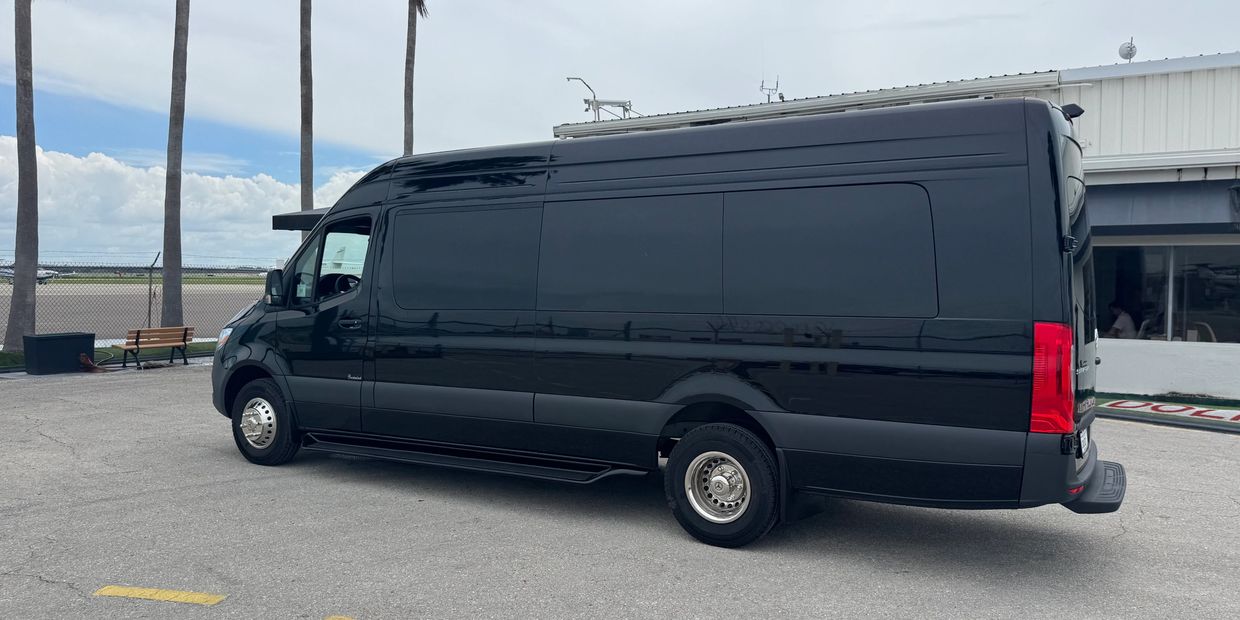 Black luxury van parked outdoors near palm trees and a building.