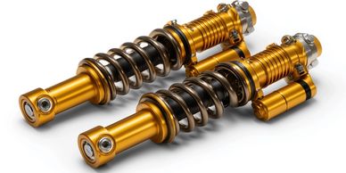 Pair of gold motorcycle shock absorbers on white background.