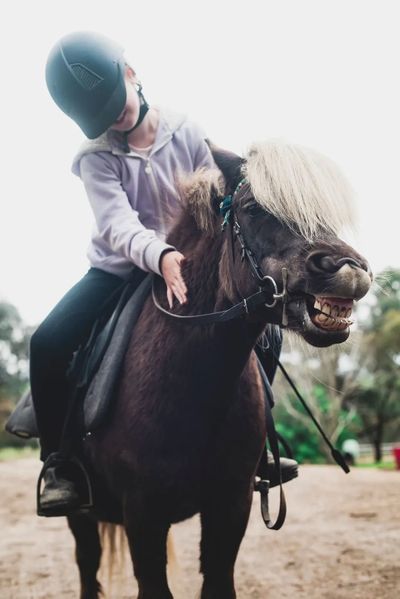Child in helmet riding and petting a smiling pony.