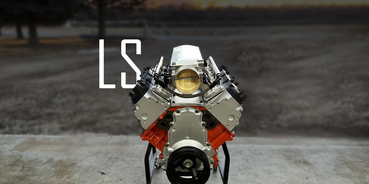 A polished LS V8 engine with bold LS letters on a blurred outdoor background.