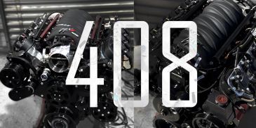 High-performance engines under a garage roof with '408' overlay.