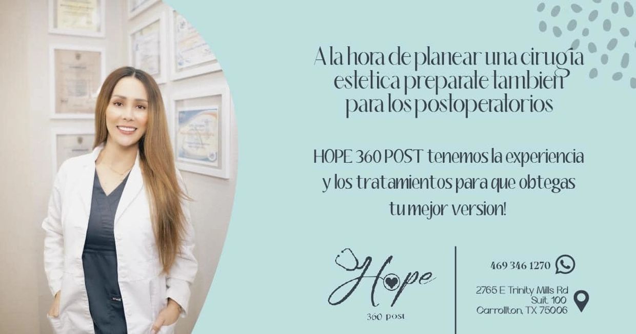 Advertisement for post-surgical aesthetic treatment services by Hope 360 Post in Carrollton, TX.
