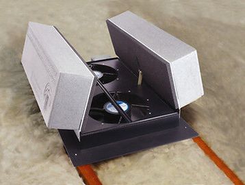 New Tamarack attic fan installed, showing the insulated and sealed cover open during operation.