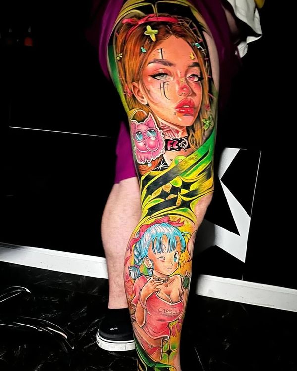 Vibrant full leg tattoo featuring a realistic girl and anime-style character.