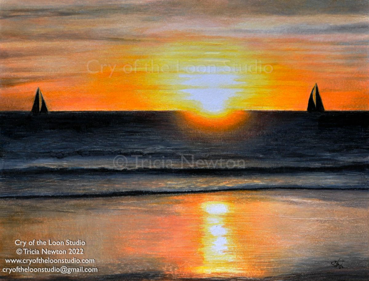 beach sunset colored pencil drawing