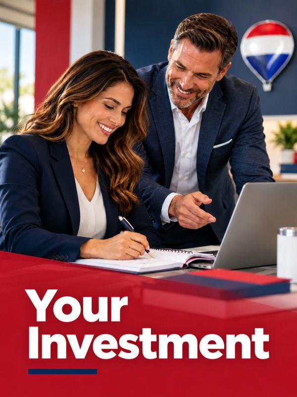 Two professionals discussing investment with a laptop and notebook.