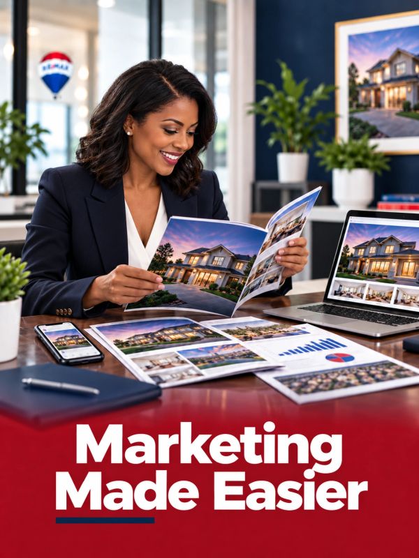 Real estate agent reviewing marketing materials in office.