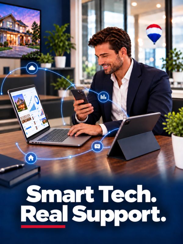 Businessman using smart tech devices, with 'Smart Tech. Real Support.' text.