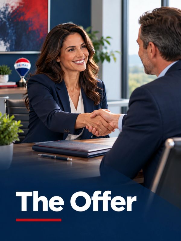 Two business professionals shaking hands in an office.