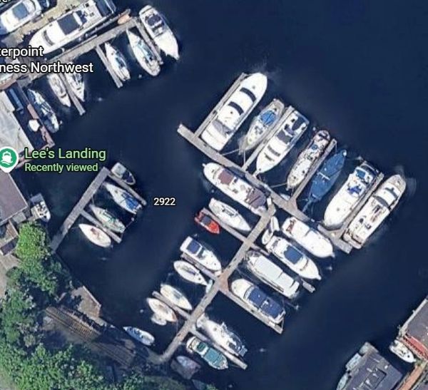 Overhead view of boat slips.
