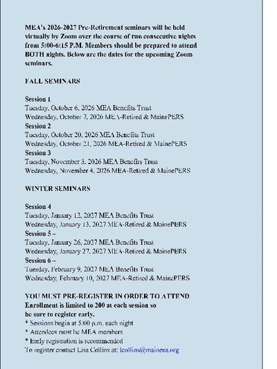 Schedule for MEA's 2026-2027 virtual pre-retirement seminars via Zoom.