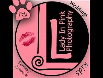 Logo for Lady In Pink Photography with themes of pets, weddings, kids, and fantasy artwork.