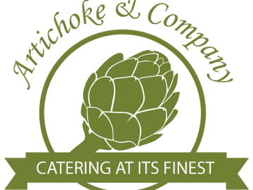 Logo with artichoke illustration and catering tagline.