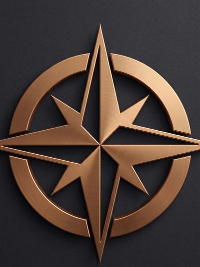 A metallic bronze compass rose on a dark background.