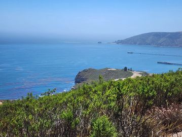 Coastal view with green shrubs, blue ocean, and distant piers under a clear sky.