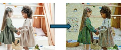 Two girls holding hands indoors, showing a before and after scene.
