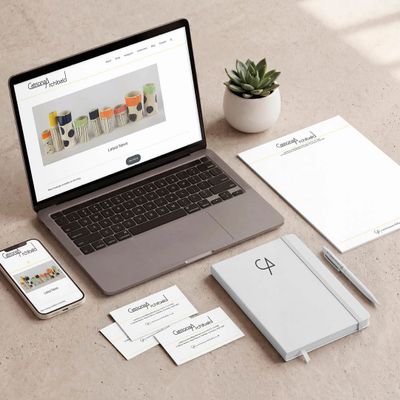 Workspace setup with branded stationery, laptop, phone, and a small plant on a beige surface.
