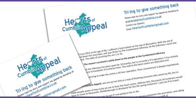 Donation envelopes for Hearts of Cumbria Appeal with blue and teal design.