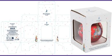Packaging design for a Peter Rabbit Christmas ornament box with cut-out template and finished box.