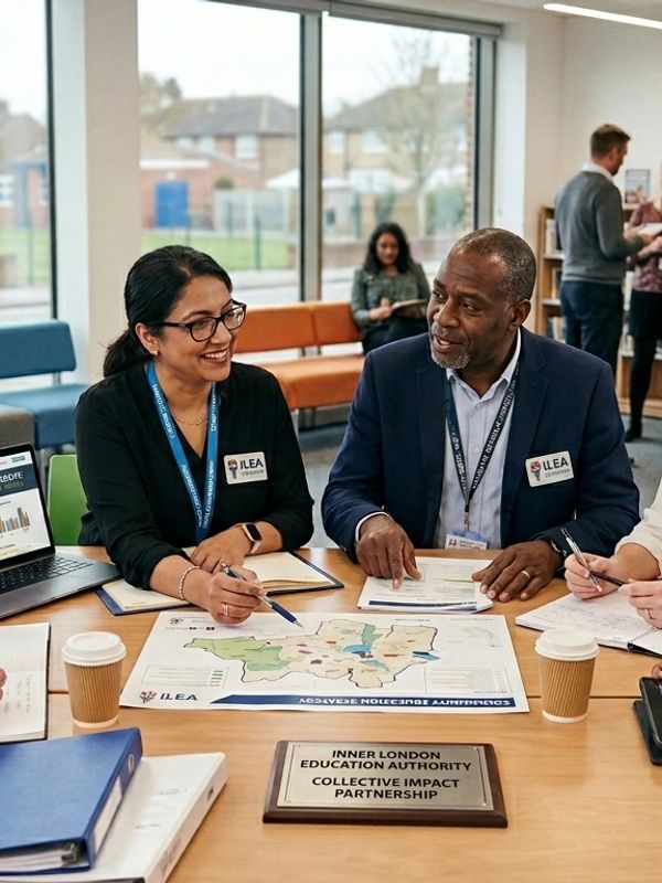 A diverse group discusses educational strategies around a table with maps and laptops.