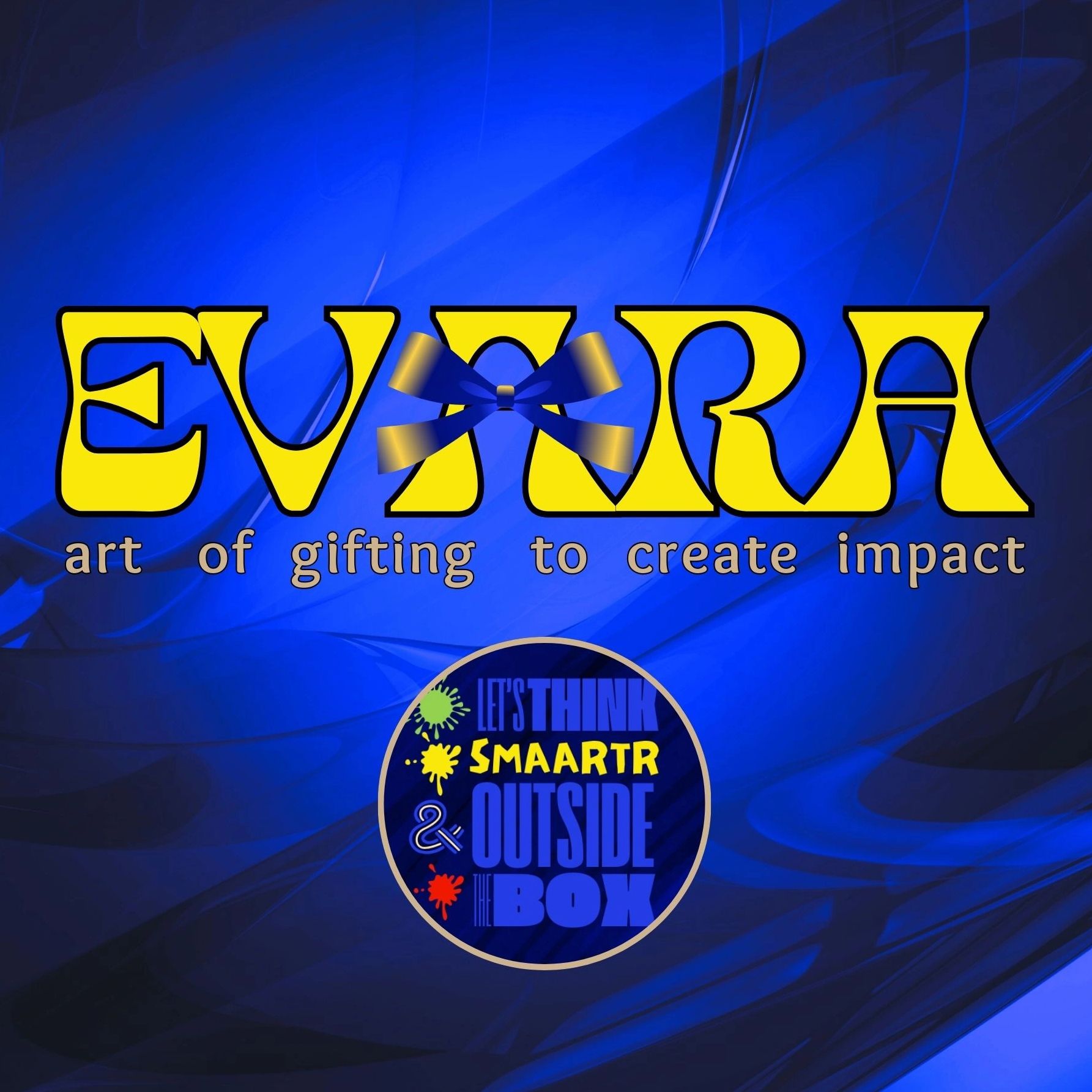 Bright blue background with yellow text 'EVARA' and a blue ribbon bow.