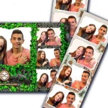 A photo booth strip showing a young couple posing together in multiple frames with green and white borders.